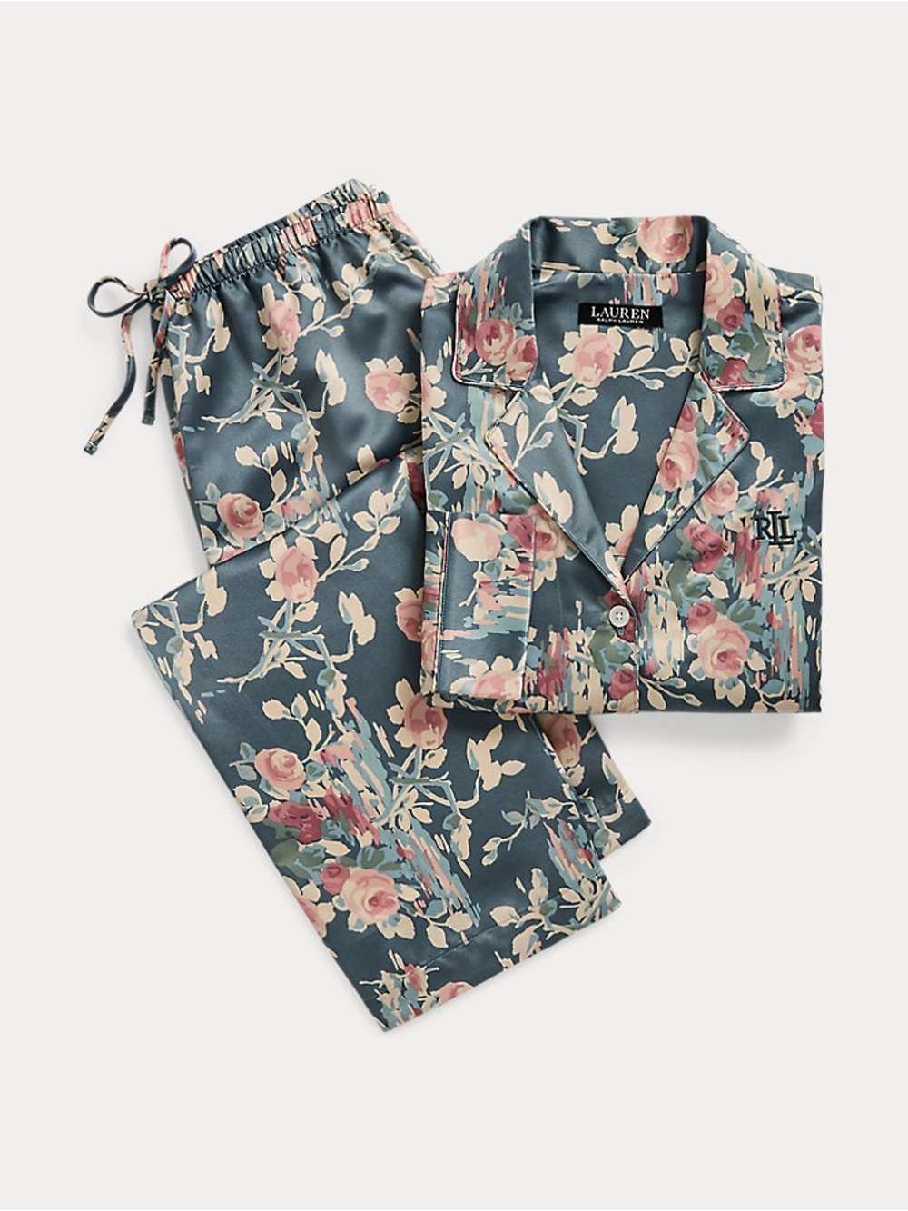 Ralph Lauren Floral Satin Pajama Set Green Long Sleeve Button Down Embroidered - Picture 2 of 8